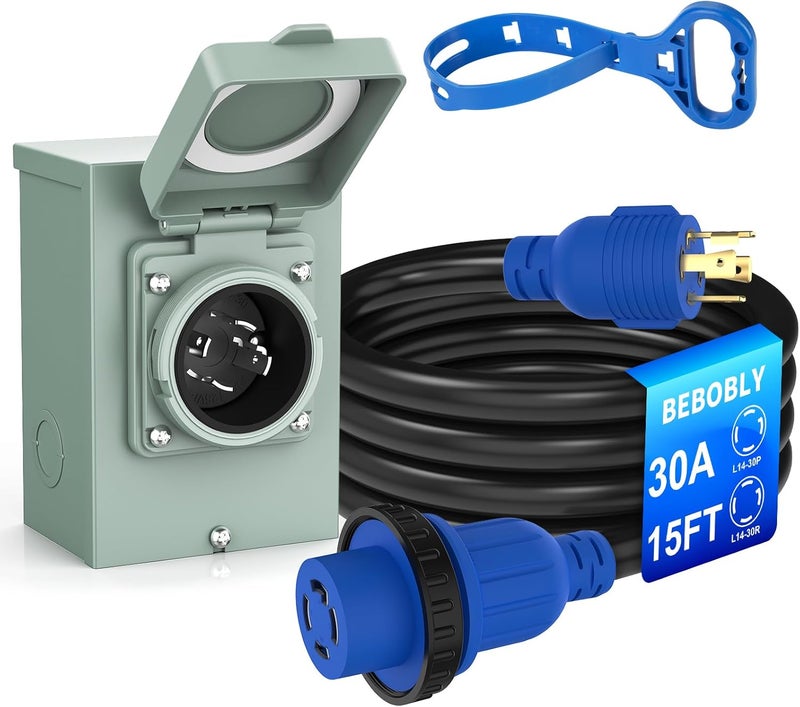 BEBOBLY 30 Amp Power Inlet Box and 15FT Generator Cord, 125V/250V Emergency Power Combo Kit, NEMA 4 Prong Generator Plug, NEMA L14-30P/L14-30R RV Power Extension Cord, Twist Lock - Image 1
